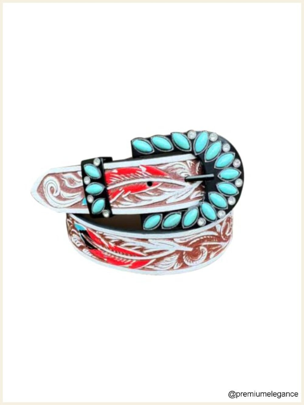 Women's Leather Western Belt with Turquoise Buckle, Feather Scroll Embossed